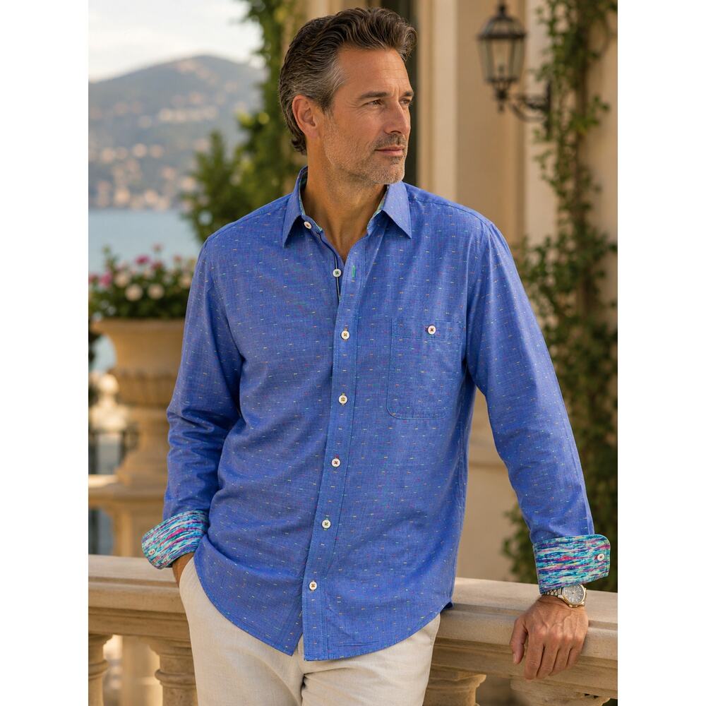 Bugatchi Uomo Blue Multicolor Stitch Button Up Shirt XXL